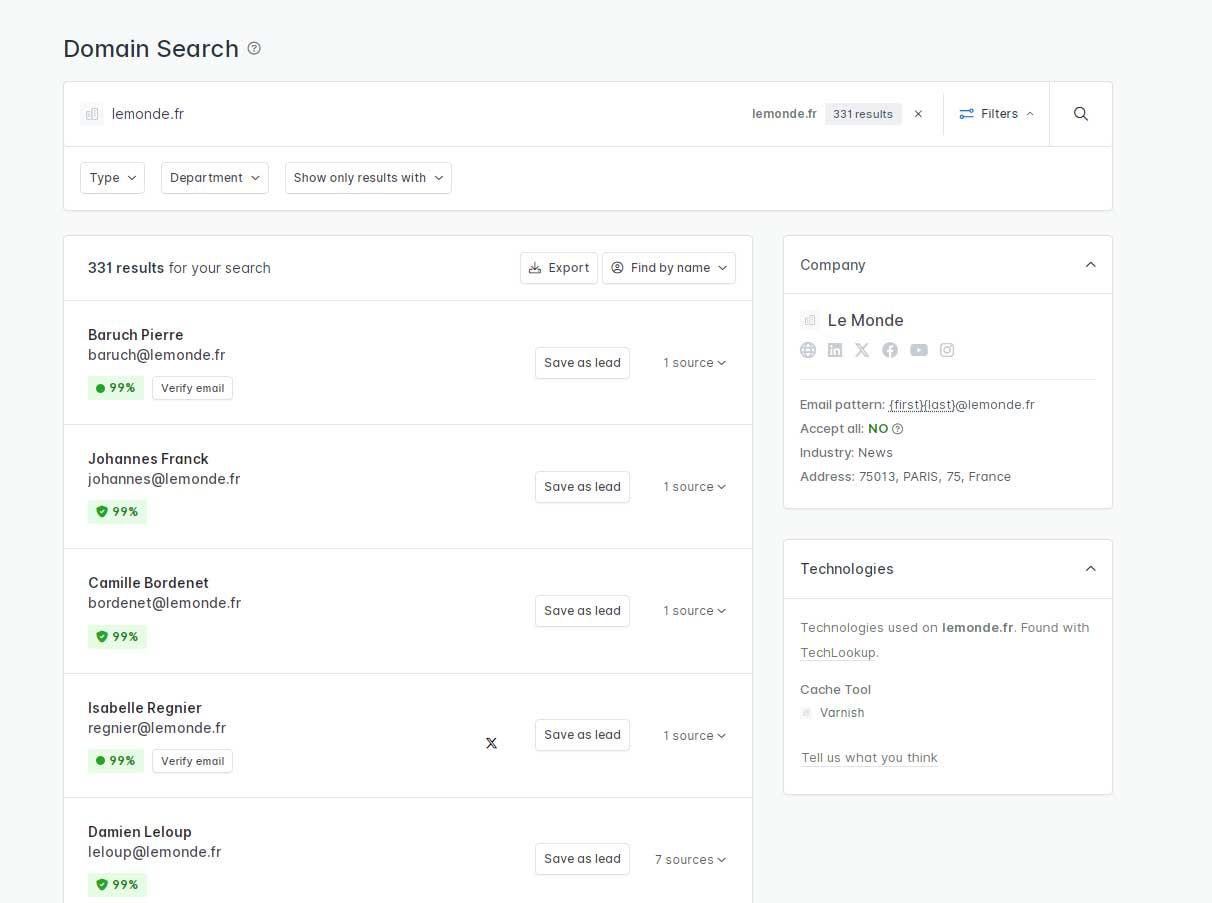 Hunter.io : Le Guide Complet pour Découvrir et Maîtriser l'Outil de Recherche d'E-mails 7 hunter.io resultat emails